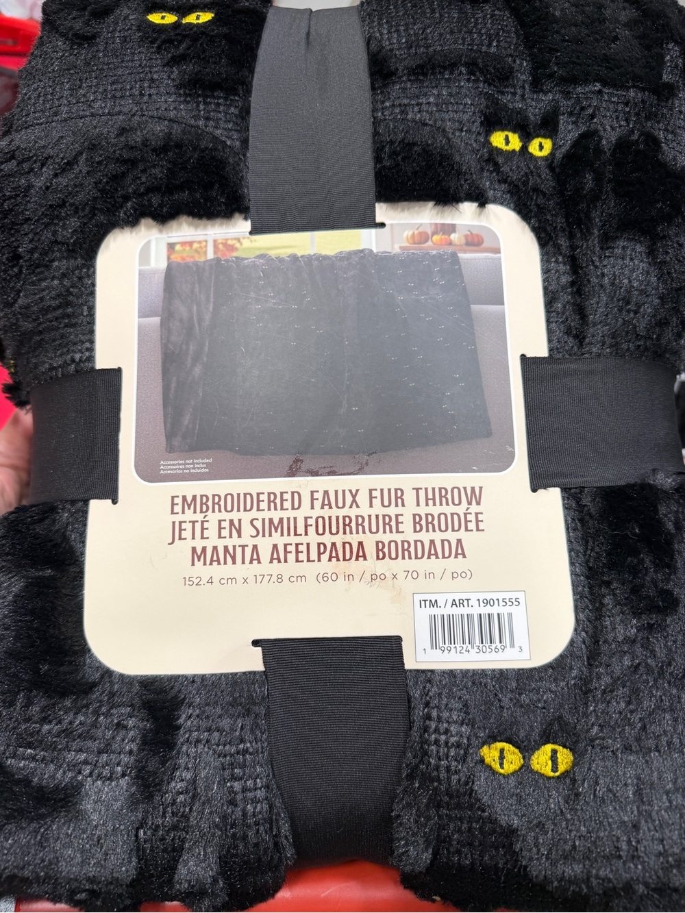 Costco Black Faux Fur Throw Embroider Blanket Yellow Cat Eyes 60"x70" Halloween